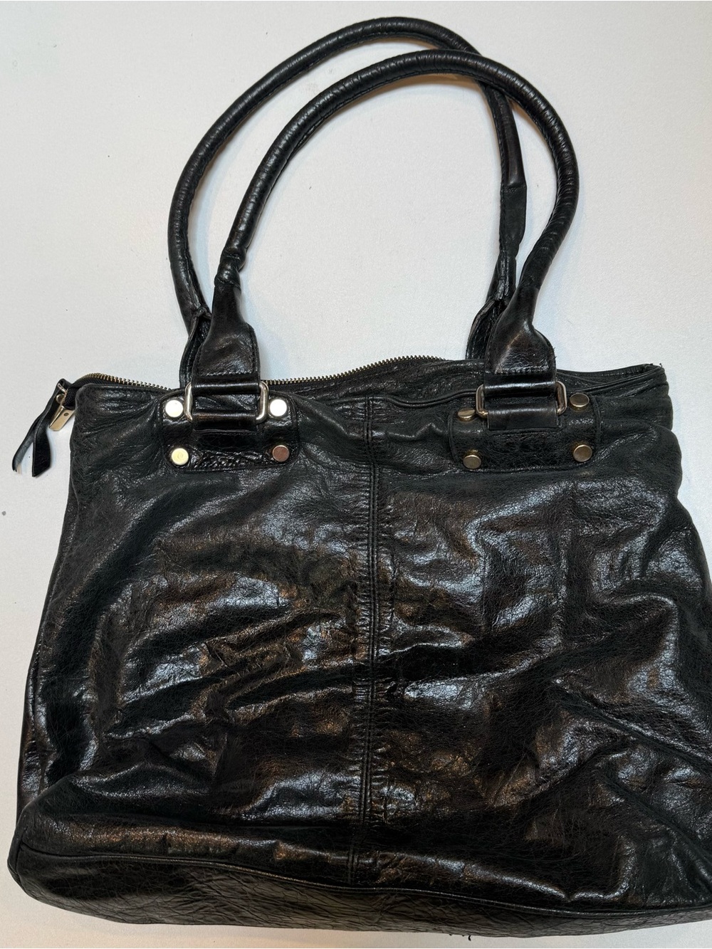 Black Leather Shoulder Bag with Double Handles